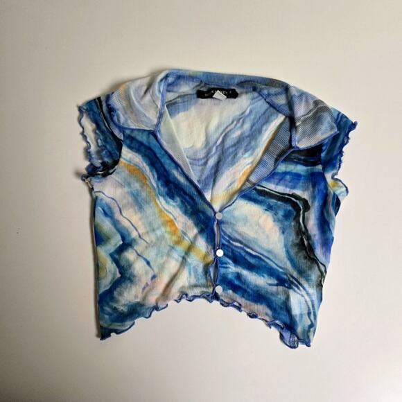 Urban Outfitters Blue Yellow Marble Print Geneva Sheer Mesh Crop Top size XS - Picture 1 of 7